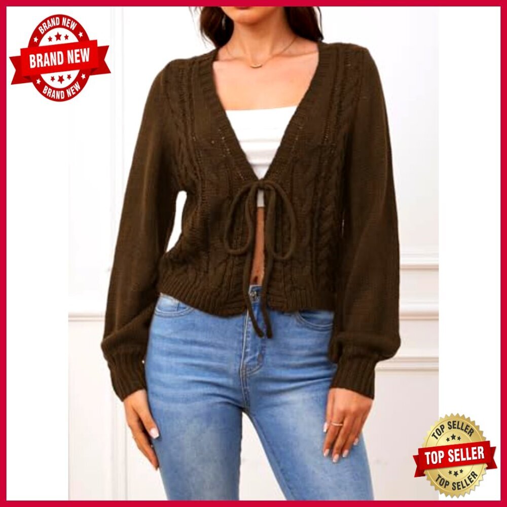 Cropped Tie Front Cardigan Sweater, Lightweight Knit, Long Sleeve, V-Neck - Picture 5 of 7